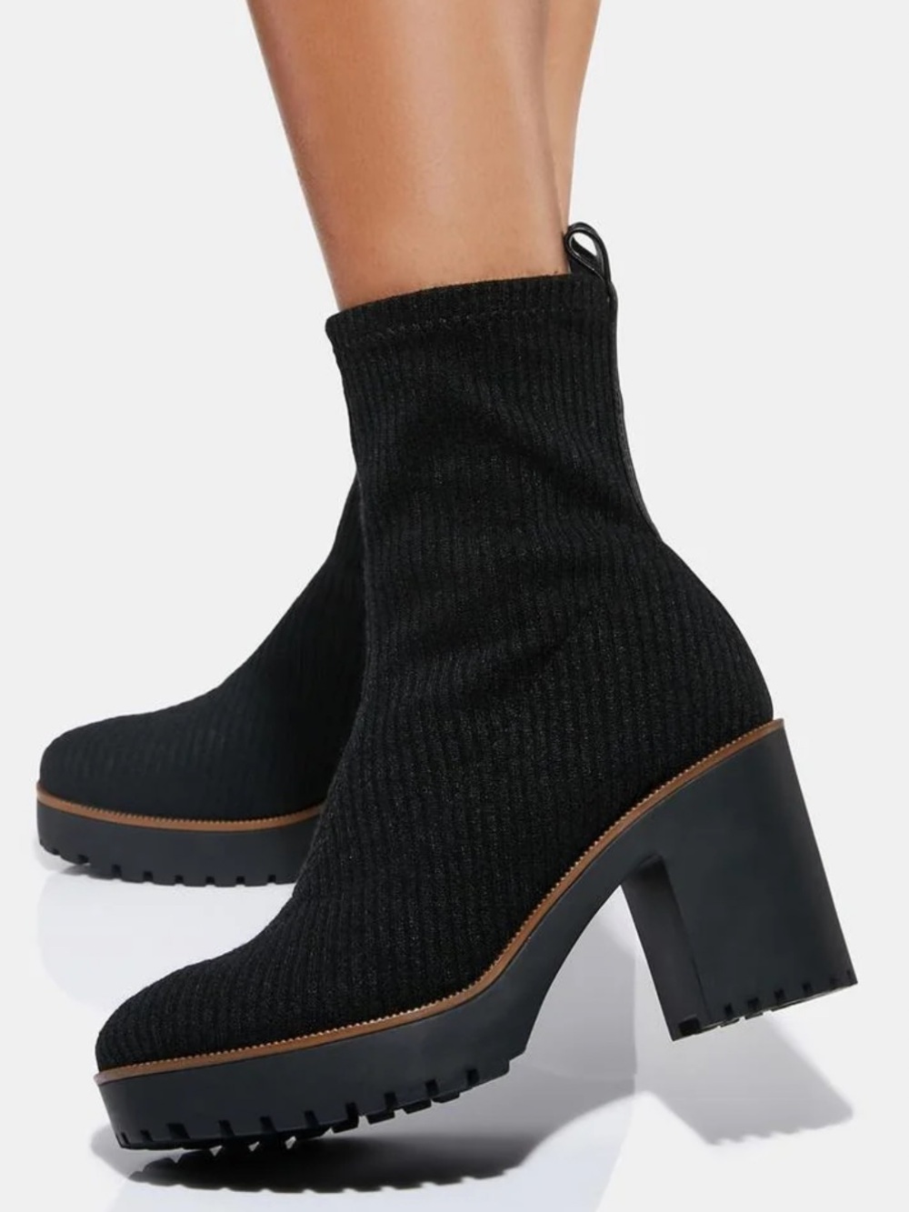 Chinese Laundry Garvey Black Knit Lug-Sole Block Heel Ankle Boots Size 8